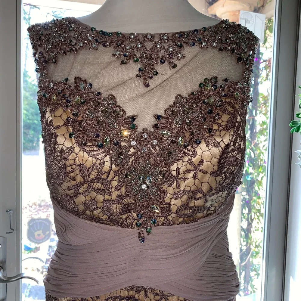 NWOT GLS Apparel Large Beaded Mocha Lace Nude Lined Mermaid Gown Cap Sleeves - Picture 5 of 15